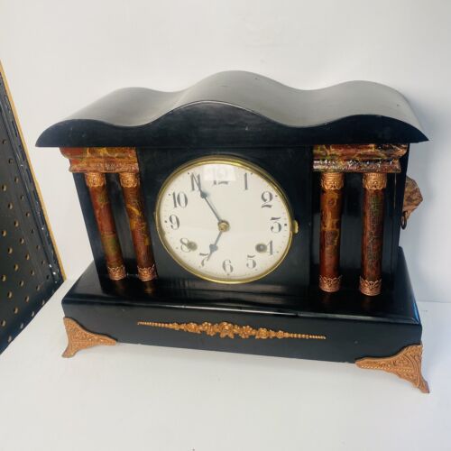 Elegant Waterbury 4 Pillar Mantle Clock W/ Lions & Serpentine Top
