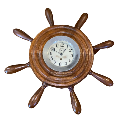 Vintage Seth Thomas Ship Clock Mounted Into A Ship Wheel Display